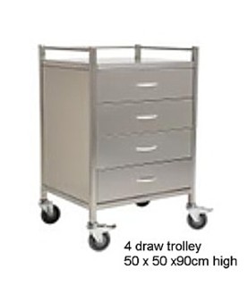 STAINLESS STEEL TROLLEY with four draws, front 2 castors can be locked and all edges are folded for hand safety.