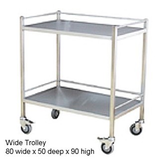 An 80cm wide STAINLESS STEEL TROLLEY without a draw, front 2 castors can be locked and all edges are folded for hand safety. 
