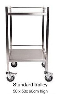STAINLESS STEEL TROLLEY without a draw, front 2 castors can be locked and all edges are folded for hand safety.