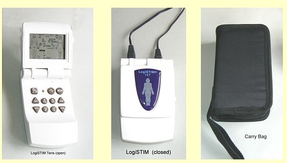 Showing the Lodi Stim open, closed and the black carry bag.