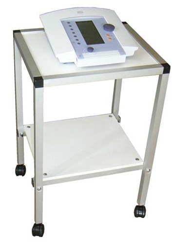 The equipment or instrument trolley is shown with a therapy ultrasound unit.