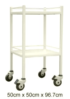 A practical trolley of powder coated steel construction without a draw, with no sharp edges and lockable front wheels.