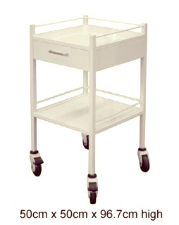 A practical trolley of powder coated steel construction with one draw, with no sharp edges and lockable front wheels.