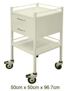 A practical trolley of powder coated steel construction with two draws, with no sharp edges and lockable front wheels.